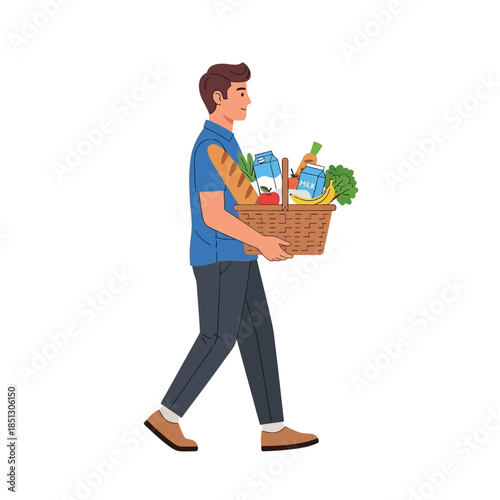 Smiling man walking with a full grocery basket, showcasing a healthy and balanced shopping haul