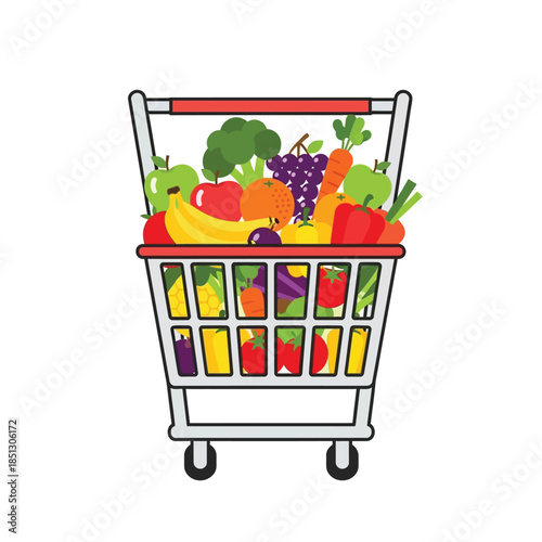 Full shopping cart with fresh fruits and vegetables isolated on white background