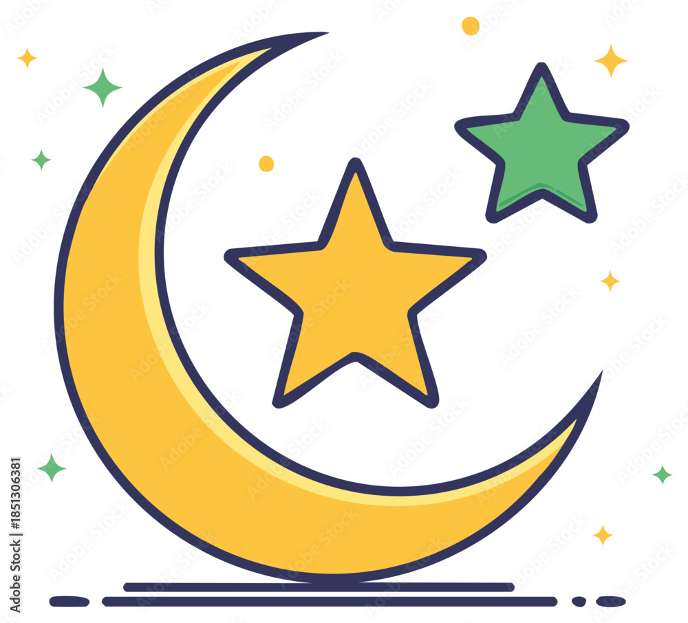 Fototapeta premium Celestial Crescent Moon and Star Duo Illustration with Festive Sparkles and Decorative Elements, Eid Celebration