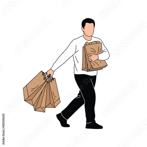 Man carrying multiple paper shopping bags after a successful retail therapy session, illustrating consumer activity