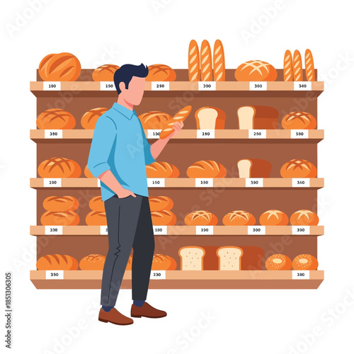 Man choosing fresh bread from a well-stocked bakery shelf