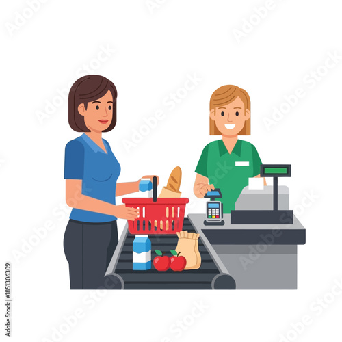Grocery store checkout with shopper and cashier scanning items