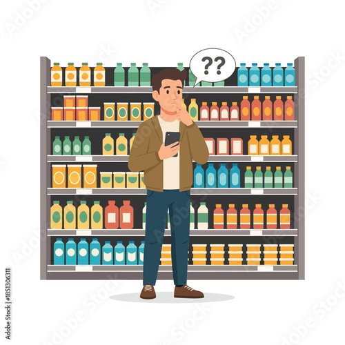 Confused Man Shopping for Groceries with Smartphone in Supermarket Aisle, Overwhelmed by Product Choices and Decision Making