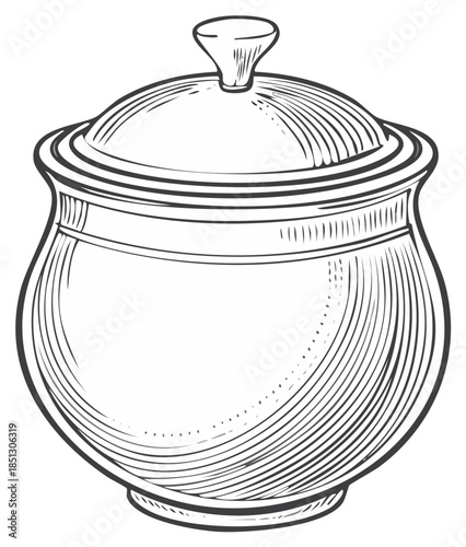 Classic kitchen jar engraving style line art drawing with lid and decorative knob vintage illustration