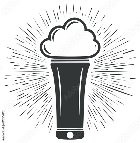 Craft Beer Glass Silhouette with Frothy Head and Vintage Style Radial Burst Illustration
