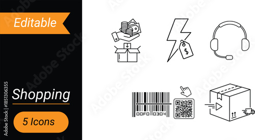 Collection of editable shopping icons in line style
