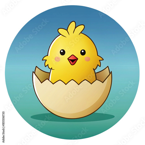 Cute cartoon chick hatching from eggshell isolated on white background