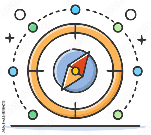 Conceptual Compass Illustration with Circle Trajectory and Navigation Elements