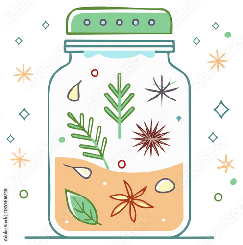 Hand Drawn Illustration of Magical Concoction with Herbs and Flowers in Glass Jar