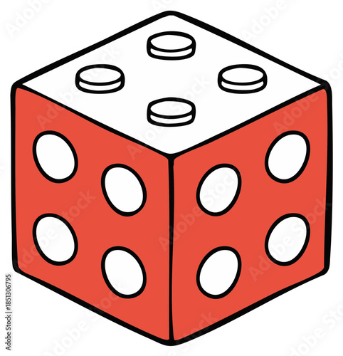 Cartoon illustration of a red toy die stylized as a building block cube with four dots