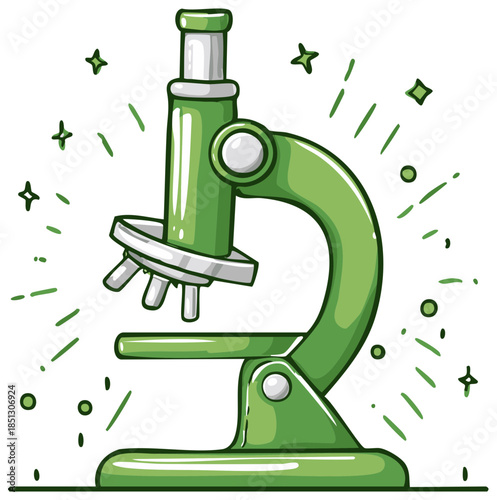 Cartoon green microscope with sparkles and radiating lines for scientific discovery