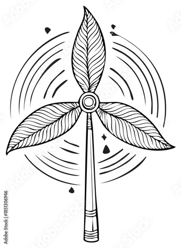 Stylized wind turbine drawing with leaf shaped blades and energy rings isolated on white