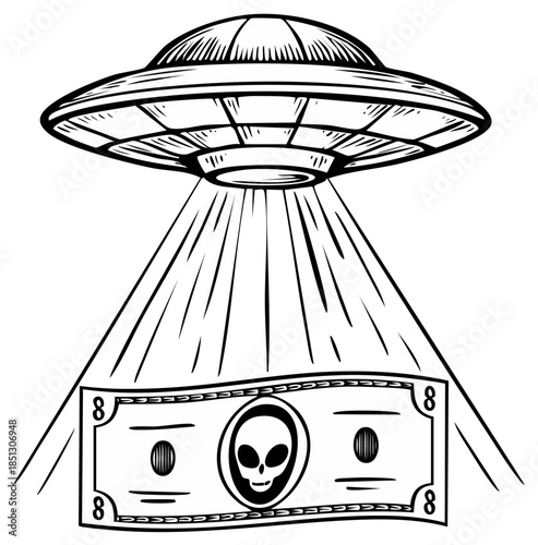 UFO beaming up dollar bill with alien portrait concept