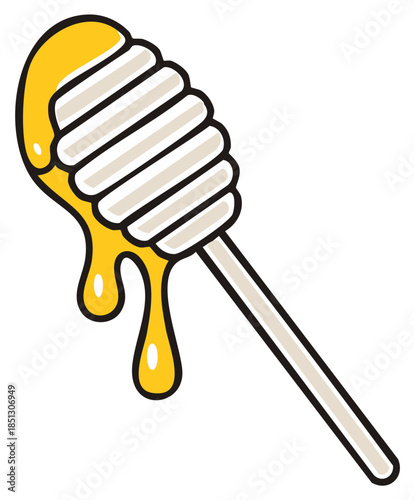 Cartoon honey dipper with dripping sweet golden honey for delicious treat