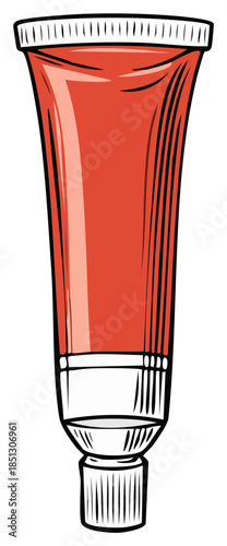 Red paint tube illustration with white cap and nozzle isolated on a white background