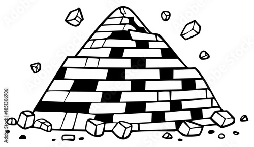 Cartoon drawing of ancient pyramid with falling blocks