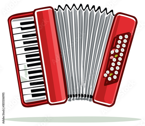 Classic red piano accordion with bellows, a traditional folk music instrument illustration