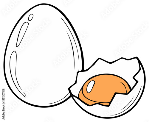 Cartoon Style Chicken Egg Shell Whole and Cracked With Yolk Isolated