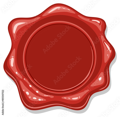 Detailed Red Wax Seal Graphic Illustration, Round Security Stamp Shape for Documents or Contracts, Blank Template
