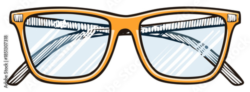 Orange framed sunglasses illustration, reflecting a bridge outline in the lenses, vintage style.
