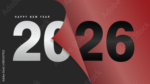 2026 New Year greeting card with vibrant yellow paper peel effect and modern font