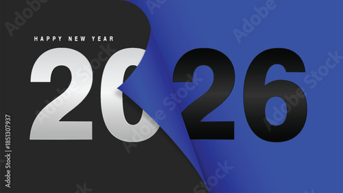 Minimalist 2026 Happy New Year layout with silver paper peel effect and bold text