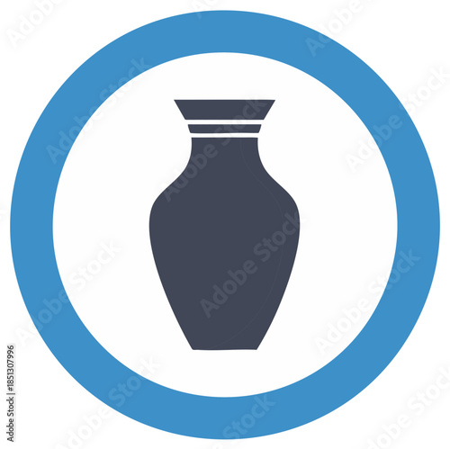 Elegant Dark Vase Silhouette with White Bands Enclosed by a Circular Blue Frame for Simple Graphic Design