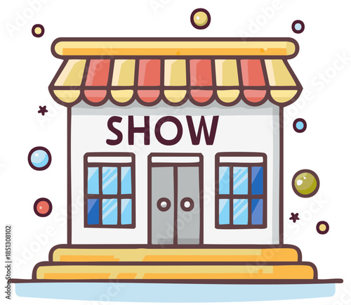 Cartoon storefront with "SHOW" sign and striped awning invitingly decorated with bubbles