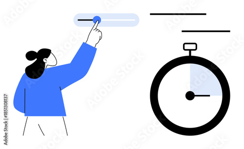 Woman interacts with slider next to stopwatch, emphasizing control over time. Ideal for time management, productivity, deadlines, planning, efficiency, prioritization workflow. Simple flat metaphor