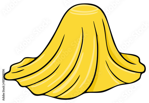 Surprise object covered with a yellow cloth ready for unveiling cartoon illustration