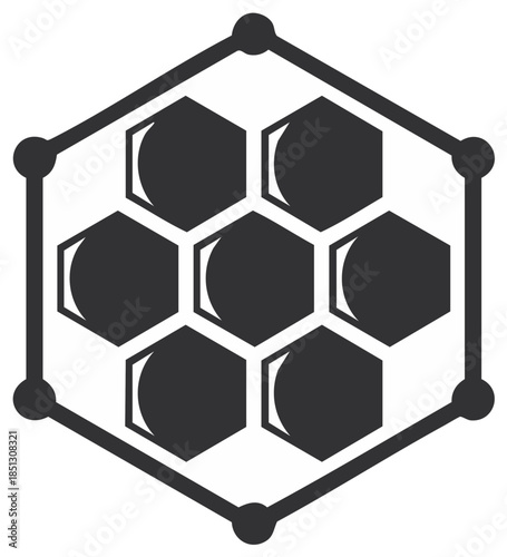 Abstract hexagonal structure graphic with interconnected nodes and honeycomb pattern