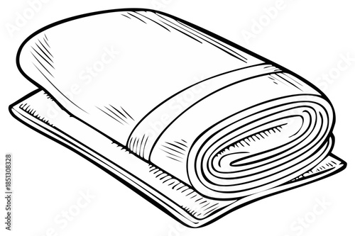 Illustration of a folded, rolled towel on a flat surface, showing detailed line art and textures
