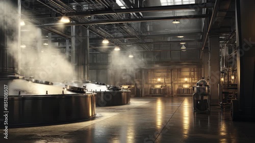 Wallpaper Mural Realistic view of a large food manufacturing factory with brewing tanks and industrial machinery in action during daylight hours Torontodigital.ca