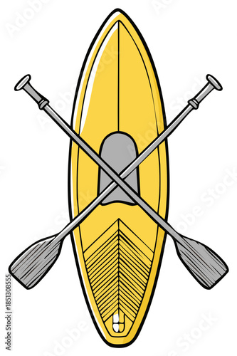 Yellow Stand Up Paddleboard with Crossed Paddles Cartoon Illustration