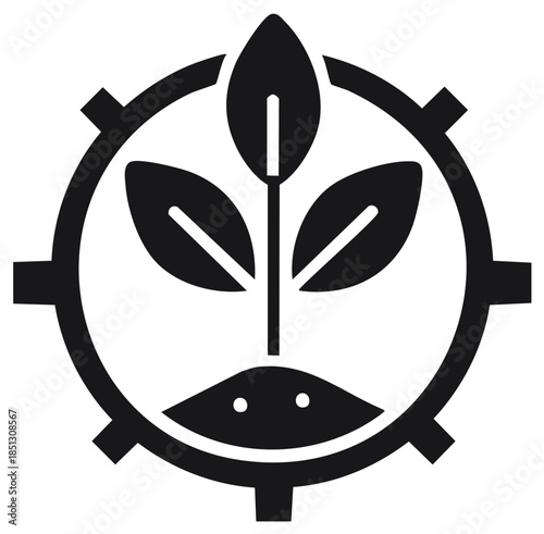 Industrial agriculture concept with plant sprout and gear symbol representing growth and machinery