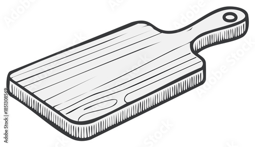 Illustrated wood cutting board with handle and hole for hanging kitchen utensil