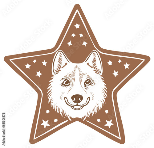 Smiling husky dog face illustration inside a festive brown star shape adorned with sparkling small stars