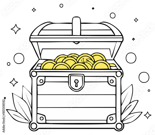 Open Treasure Chest Overflowing with Gold Coins and Sparkling Accents