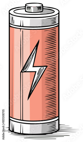 Stylized illustration of a cylindrical battery with a lightning bolt symbol for energy and power