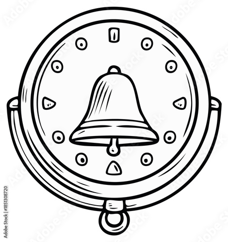 Hand Drawn Black and White Illustration of a Vintage Alarm Bell