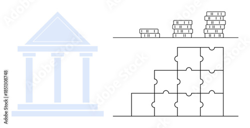 Financial institution concept. Bank building, coin stacks, and puzzle pieces economic structure, financial growth, investments, and collaboration. For banking, finance economy investments teamwork