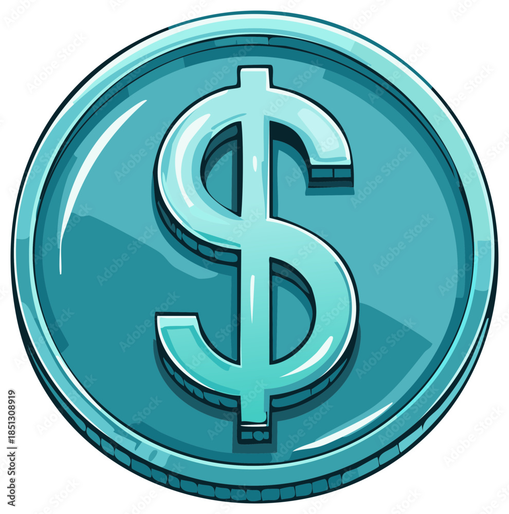 Fototapeta premium Shiny metallic dollar sign coin icon. Cartoon vector illustration of currency for finance or gaming concepts.