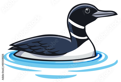 Stylized common loon bird vector illustration swimming on blue water ripples