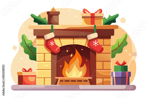 Cozy indoor fireplace with burning fire decorated with Christmas stockings and gifts