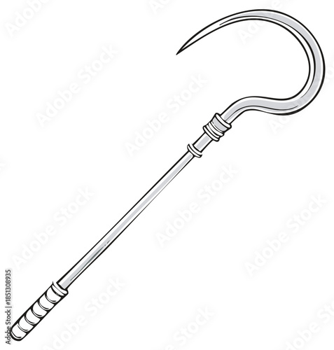Stylized Metal Hooked Staff With Handle And Rings