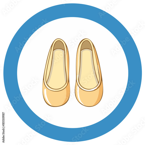 Pair of light beige ballet flats in a blue circle emblem