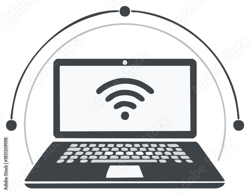 Laptop Connectivity: Wireless Connection and Network Access Illustration in Grayscale Tones