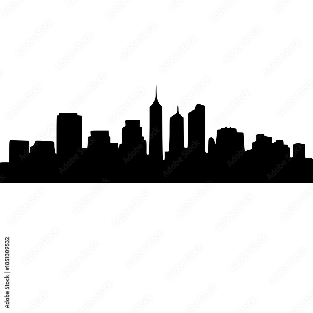 Fototapeta premium Solid black minimal city skyline silhouette, vector design on white. Icon, urban symbol, illustration, logo, graphic, character.