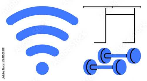Technology, fitness, remote work, smart devices, home office, digital lifestyle. A wireless symbol, dumbbells and a desk. Technology and fitness concepts in a modern lifestyle setting