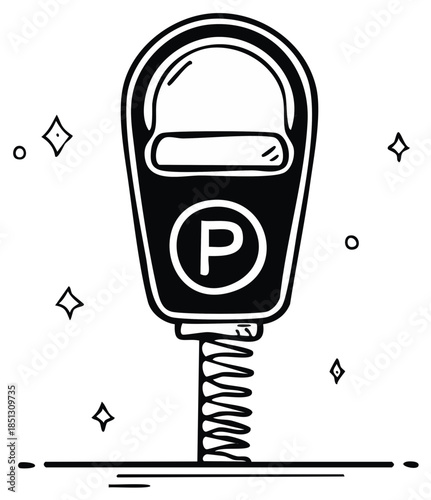 Black and white hand-drawn illustration of a parking meter